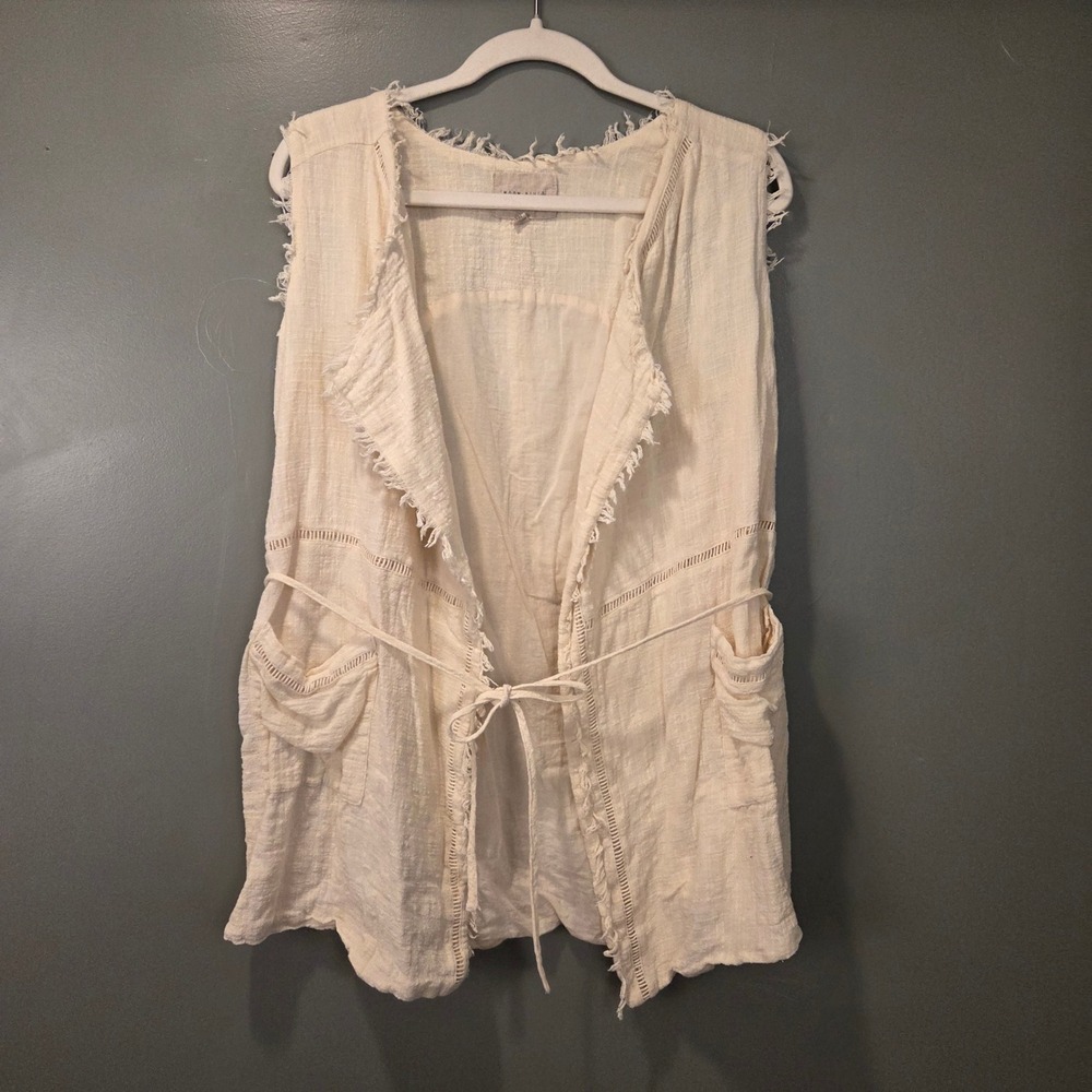 Moon River Anthropologie Linen & Cotton Vest Tie Waist Fringe Hem, Size S, Cream